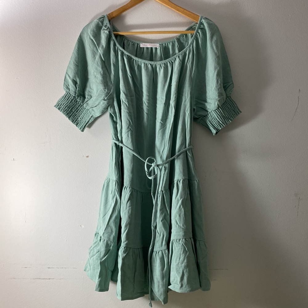 Ces Femme | Mint Green Rayon and Linen Blend tie waist dress